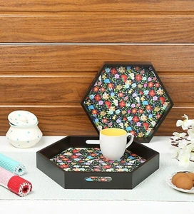 Crayton Floral Solid Wood Hexagon Serving Tray Set of 2 - Picture 1 of 6