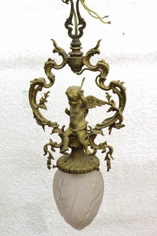 Lámpara colgante de querubín French Belle Epoque c1900 bronce dorado espelta vidrio esmerilado Foto 1 de 4