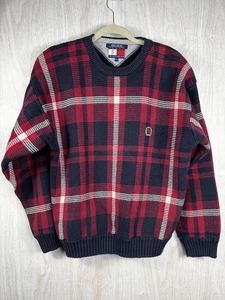 Tommy Hilfiger M Plaid Cotton Sweater Red Navy Preppy Classic Knit Crest Logo - Picture 1 of 4