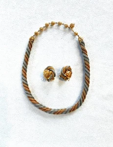 Hobe Twisted Mesh Halskette & Ohrringe zweifarbig gold & silberfarben filigran Perlen - Bild 1 von 9