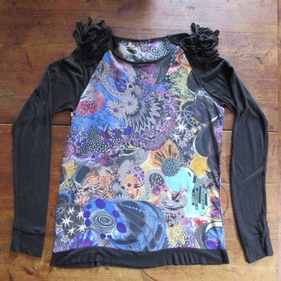 Camisa Custo Barcelona Mujer 2 Negro Azul Seda Calaveras Floral Extravagante Artística Phoebe Foto 1 de 4