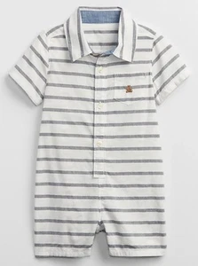 Baby Gap Jungen Strampler weiß blau gestreift kurz Einteiler Bärentasche Leinen Shorty - Bild 1 von 3