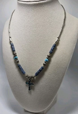 Ожерелье с бисером крест жидкое серебро лазурит бирюза юго-западный стиль - Изображение 1 из 4