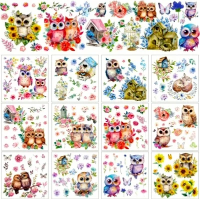 Stickerbögen 3 Bögen je Set verschiedene bunte Eulenmotive mit Blumen u.a. - Bild 1 von 2