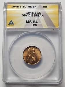 1948 S Lincoln Wheat Penny Obverse Die Break MS64RB - Picture 1 of 4