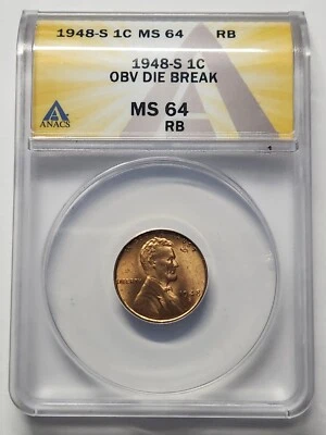 1948 S Lincoln Wheat Penny Obverse Die Break MS64RB - Image 1 of 4