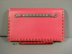 Valentino Pink Grey Red Green Leather Gold Rock Stud Flap Wristlet Clutch Bag   - Picture 1 of 12