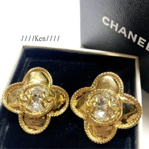 CHANEL Earrings AUTH Limited COCO Vintage Gold Flower Motif Stones 1995 F/S - Picture 1 of 12