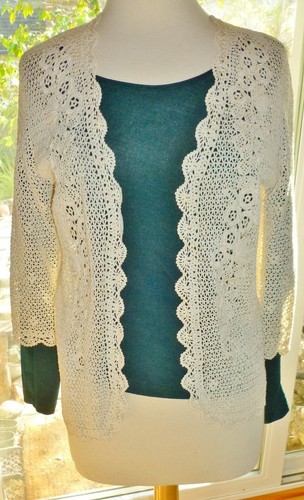 OFF WHITE Vintage Antico? GIACCA APERTA FINEMENTE LAVORATA A MANO ALL'UNCINETTO bianco sporco maniche a 3 4 ex