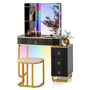 Vanity Table Set with RGB LED Lights Crystal Crush Diamond Mirror Drawers Black - Picture 1 of 11