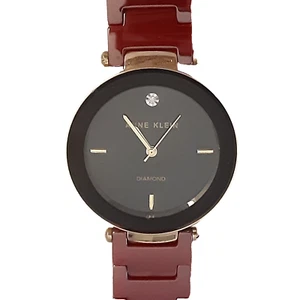 Anne Klein diamond accent burgundy ceramic stainless steel 14" wristwatch - Picture 1 of 5