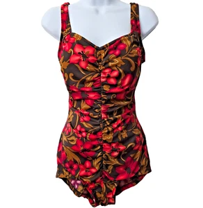 Maxine Hollywood Pinup Swim Suit 14 One Piece Cinch Front Hawaiian Floral Retro - Picture 1 of 10