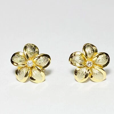 14K 双色金色 0.08 克拉钻石 Plumeria 花 16 毫米耳钉耳环 5.6 克 — 第 1/4 张图片