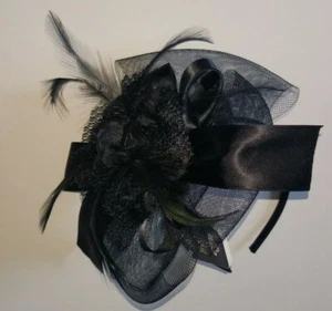 Womens Magid Brand Black Flower Feathers Facsinator Satin Headband O/S - Picture 1 of 3