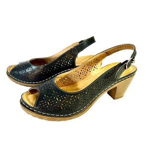 Patriza Leanne Navy Sandals size 7 Leather Cutouts Sling Back Resort Peep Toe - Picture 1 of 16