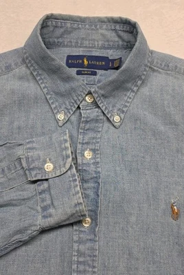 Camisa Polo Ralph Lauren Para Hombres L Azul Cambray Carne Poni Calce Ajustado Con Botones Foto 1 de 4