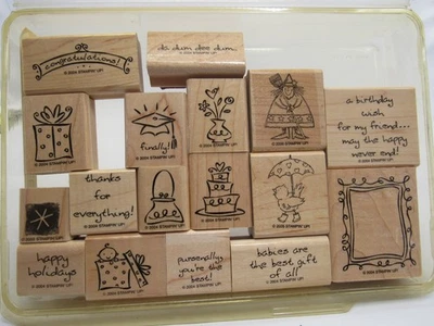 Stampin’ Up Multi Occasion Wood Stamp Set 2003–2004 Birthday Baby Holidays 17pc - Image 1 of 4