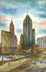 Chicago Art Card, Michigan Ave at the Chicago River Vintage,IL Illinois Postcard - Picture 1 of 2