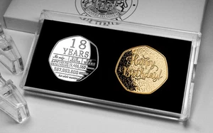 Pair of 18th Birthday Silver & 24ct Gold Commemorative Coins & Case. Gift. 18 - Picture 1 of 17
