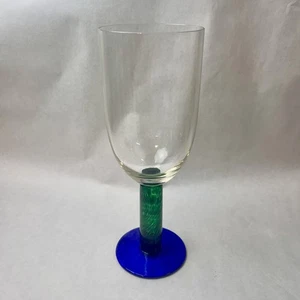 One Fostoria Stemmed Glass Goblet - Green Stem - Blue Base - Clear Bowl VGUC - Picture 1 of 4
