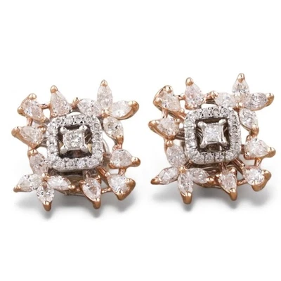 0.93ct Natural Diamond Stud Earrings 14K Gold Floral Cluster Princess Design - Image 1 of 4