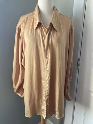 24W Satiny Gold Button-up Blouse Ruffled-cuff Long Sleeve Top Holiday Shirt - Image 1 of 4