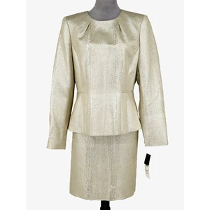 Albert Nipon Skirt Suit Womens 10 Ivory Beige Metallic Back Zip Collarless New - Picture 1 of 21