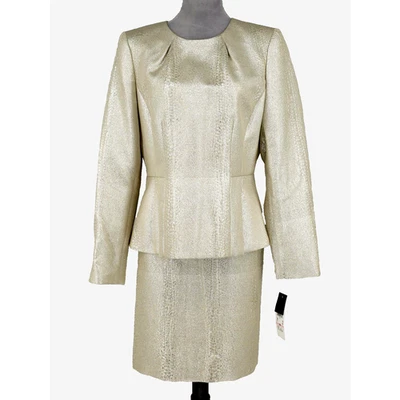 Albert Nipon Skirt Suit Womens 10 Ivory Beige Metallic Back Zip Collarless New - Image 1 of 4