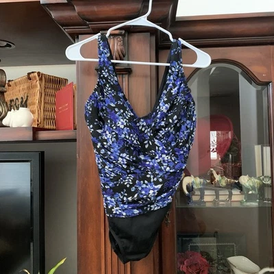 Longitude Floral Swimsuit Women’s 10 Slimming Soft Cup Bra Black Blue White - Image 1 of 4