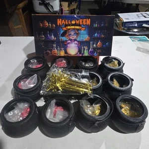 Halloween Mini Witch Cauldron Set Of 12 Black With Wands And Reaction Dust - Picture 1 of 12