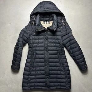 Burberry Brit Puffer Parka Womens M Long Coat Hooded Colbrook Black Down Jacket - Picture 1 of 11