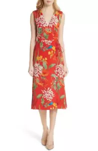 ALICE + OLIVIA Red Greenwich Garden Poppy Floral Print Tasia Silk Wrap Dress 6 S - Picture 1 of 9