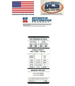 1970 1971 Challenger Barracuda 6.95x14 C78x14 Tire Pressure Decal New MoPar - Picture 1 of 4