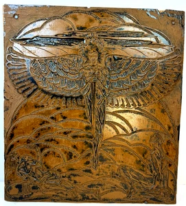 Vintage Hand-Carved Wood Printing Block – Angel & Figures – 16x14" Relief - Picture 1 of 9