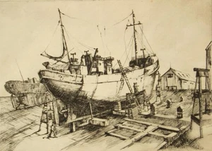 Graham Walsh pencil signed original antique etching; Grimsby Trawlers 1900's - Picture 1 of 5