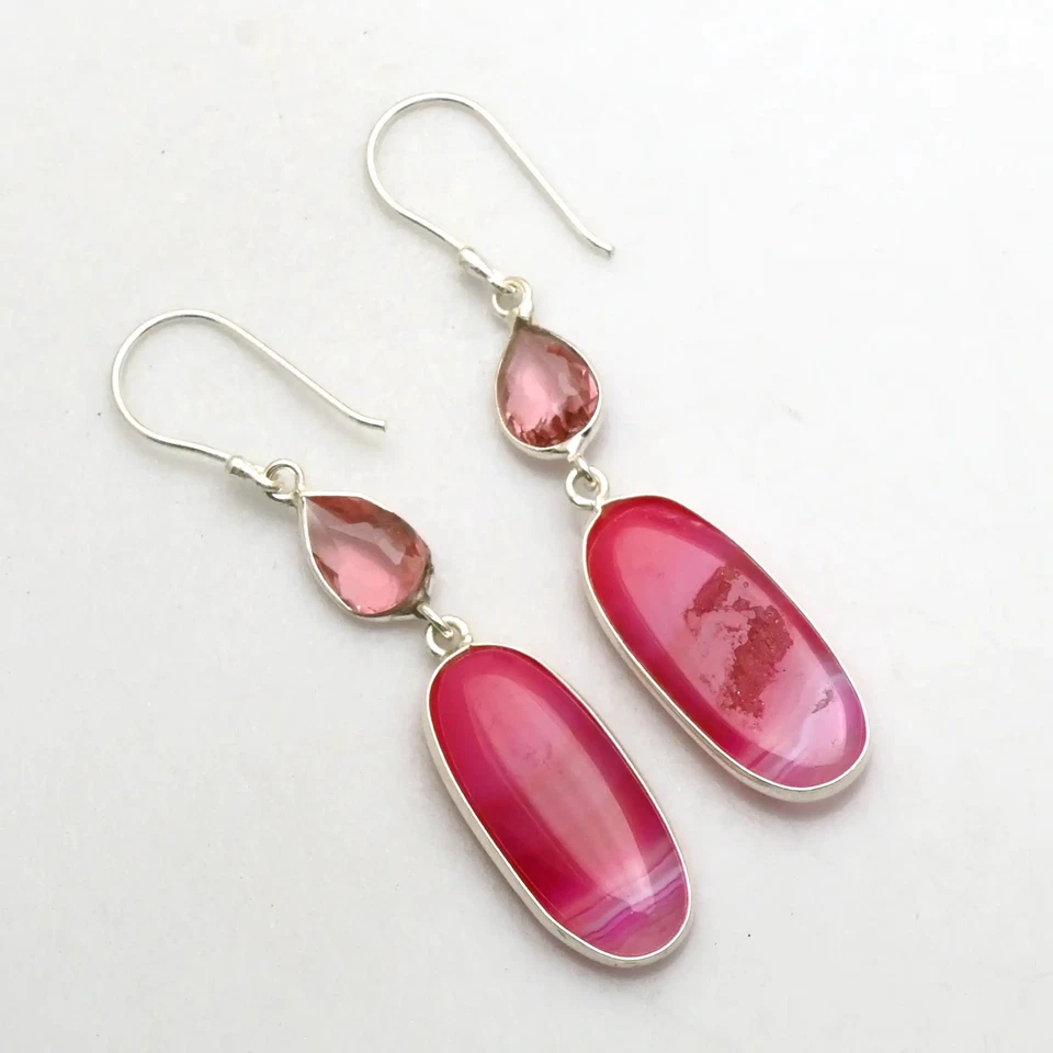 Botswana Agate Pink Topaz Gemstone Drop Dangle Earrings Jewelry 2.2" AE-89965 - Image 1 of 1