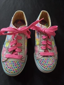 Skechers Girls Twinkle Toes Silver Light Up Pink Lace Shoes Size 1 - Picture 1 of 5