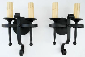 PAIR 1920S STYLE BLACK WROUGHT IRON SPANISH REVIVAL HOME WALL DOUBLE SCONCE LAMP - Picture 1 of 6