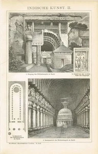 Tafel INDISCHE KUNST / HÖHLENTEMPEL KARLI 1894 Original-Holzstich - Picture 1 of 1