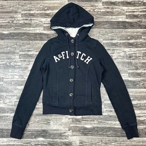 Abercrombie & Fitch Womens Juniors XS Jacket Blue Button Front Sherpa Lined Logo - Picture 1 of 8