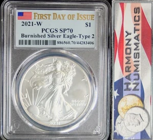 2021 W TYPE 2 BURNISHED SILVER EAGLE PCGS SP70 First Day of Issue Flag Label - Picture 1 of 2
