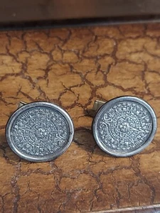 Vintage 925 Sterling Silver Mayan Aztec Sun Calendar Cuff Links - Picture 1 of 8