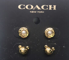 Coach Purse Bear and Pearl Stud Earrings Set Gold Tone C7792 Pierced