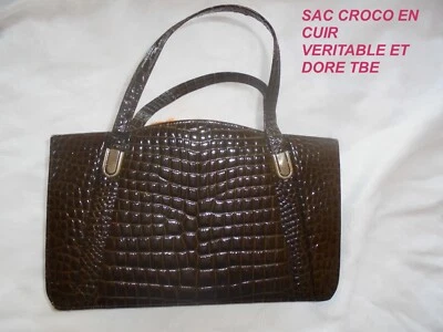 ANCIEN SAC A MAIN VINTAGE EN CUIR VERITABLE CROCO MARRON BRILLANT TBE - Photo 1/4
