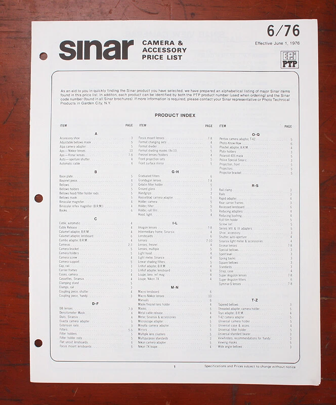 SINAR PRICE LIST, JUNE 1976/188437 - Image 1 of 1