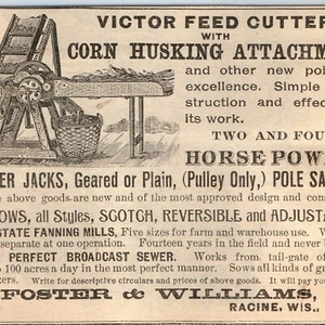 Cortador de alimentación 1890 Racine, Wis. Foster & Williams Victor anuncio impreso grabado C37 - Imagen 1 de 3