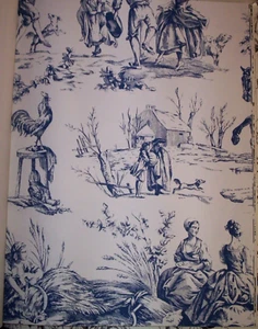 BLUE AND WHITE LARGE PRINT TOILE PREPASTED WALLPAPER # AF2000 - Picture 1 of 2