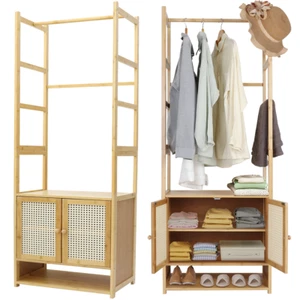 Kleiderständer Bambus Garderobenständer Natur Kleiderschrank mit Schuhschrank - Bild 1 von 7