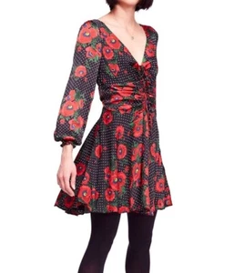 FREE PEOPLE women size 6 MORNING LIGHT DRESS v-neck FLORAL BLACK COMBO Poppy red - Picture 1 of 17
