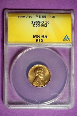 1959 D ANACS MS65 RD Lincoln Memorial Cent #B31451 - Image 1 of 2